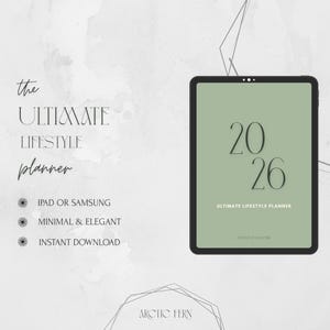 Puede incluir: Un planificador digital que se muestra en una tableta. La pantalla muestra el año "2026" en una fuente minimalista, con las palabras "Ultimate Lifestyle Planner". El diseño es elegante y adecuado para dispositivos iPad o Samsung.