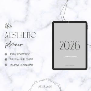 Puede incluir: Una agenda estética digital para 2026 mostrada en una tableta. La pantalla muestra el número 2026 en una fuente minimalista. El texto "the aesthetic planner" está encima de la tableta, con viñetas que indican compatibilidad con iPad/Samsung, diseño minimalista y descarga instantánea.