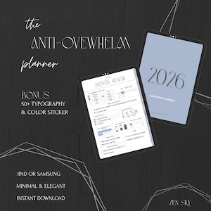 Puede incluir: Dos planificadores digitales sobre un fondo oscuro. Uno muestra un planificador estético de 2026, el otro un diseño de salud mental. El texto incluye "The Anti-Overwhelm Planner", "Bonus 50+ Tipografía y Pegatina de Color" y "Descarga instantánea".