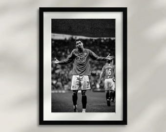 Póster de Cristiano Ronaldo, Manchester United, arte mural de fútbol, arte mural en blanco y negro, impresión artística, póster retro, arte mural de fútbol