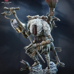 May include: A detailed figurine of a fantasy warrior with a fur-like mane, holding a staff and a lantern. The figure is clad in tattered clothing and stands on a rocky base. The text "PRE-SUPPORTED IN LYCHEE" is visible.