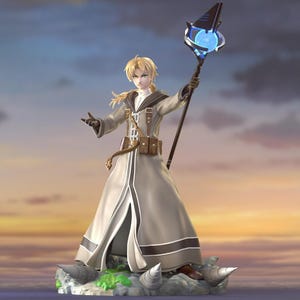 May include: A figurine of a wizard with blonde hair, wearing a gray robe with brown accents and a belt with pouches. The wizard holds a staff with a blue orb at the top. The figurine stands on a rocky base with spiky protrusions.