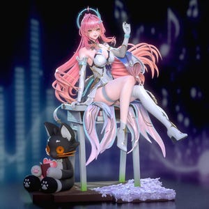 Op de afbeelding: Gedetailleerd beeldje van een vrouwelijk anime-personage met lang roze haar, gekleed in een witte en blauwe outfit, zittend op een gestileerd platform. Een zwart kattenbeeldje met oranje ogen zit in de buurt. De achtergrond toont een vage stadsgezicht en muzieknoten.