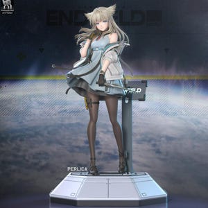 May include: A detailed figurine of a female anime character, Perlica, with long blonde hair and cat-like ears. She wears a light blue dress, white jacket, and black tights, holding a sword. The figure stands on a silver platform with the text "END FIELD".