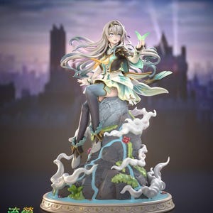 May include: A detailed figurine of a seated anime-style character with long silver hair, wearing a teal and black outfit. She holds a green butterfly. The figure sits atop a rock formation with flowing water and clouds.