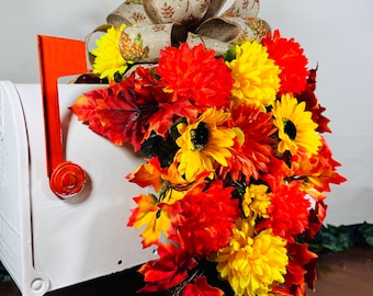 Festive Fall Mailbox Swag: Autumn Leaves, Sunflowers & Glitter Bow