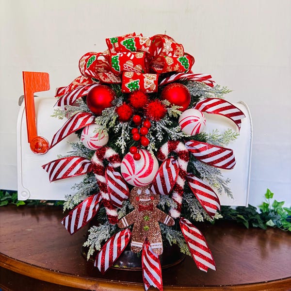 Peppermint Gingerbread Christmas Mailbox Swag, Red & White Holiday Decor