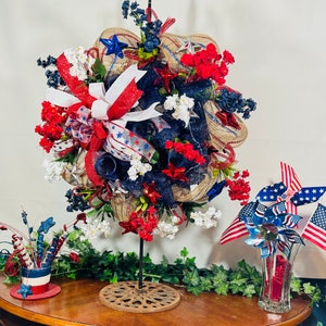 Fourth of July Patriotic Decor Mesh Wreath, Red, White, and Blue Decor, Handmade Patriotic Wreath for Fourth of July, Patriotic Wreath