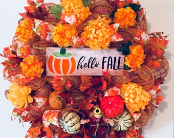 Autumn Door Wreath, Fall Door Wreath, Fall Door Decorations, Fall Decorations For Front Porch, Pumpkin Wreath, Thanksgiving Wreath With Sign