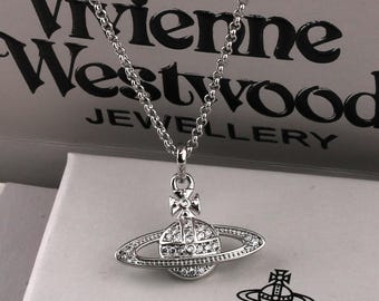 In Box Vivienne Westwood Necklace,925 Silver CZ Saturn Pendant,Gift for Her