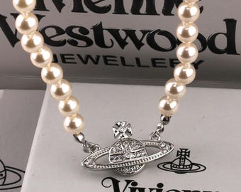 In Box Vivienne Westwood Pearl Necklace,925 Silver CZ Saturn Pendant,Gift for Her