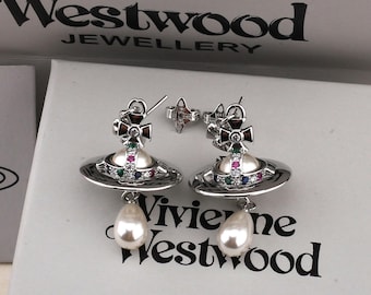 In doos Vivienne Westwood-oorbellen, 925 zilveren CZ-parel Saturnusdruppel, cadeau voor haar