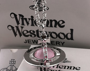 In Box Vivienne Westwood Necklace,925 Silver Large Pink CZ Saturn Pendant,Gift for Her