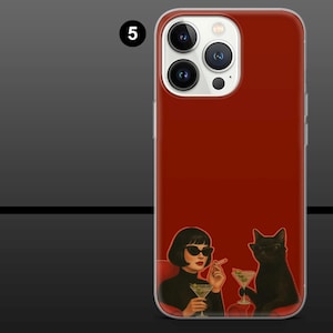 May include: Red iPhone case featuring a retro illustration of a woman in sunglasses and a black cat, both holding martini glasses. The woman is smoking a cigarette. The case has a clear border and a camera cutout.