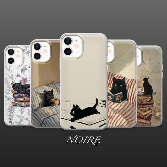 Black Cat Phone Case Old Money Bookish Cat Painting for iPhone 17Pro, 16, 15, 14, 13, 12, Samsung S26, S25, S24, S23,A17,A57,A37 Pixel 10, 9
