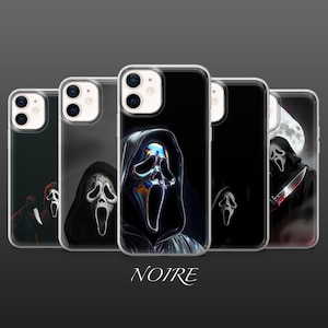 May include: A collection of phone cases featuring the Ghostface mask from the Scream horror film series. The cases display the mask in various artistic styles, with a black background and the word "NOIRE" at the bottom.