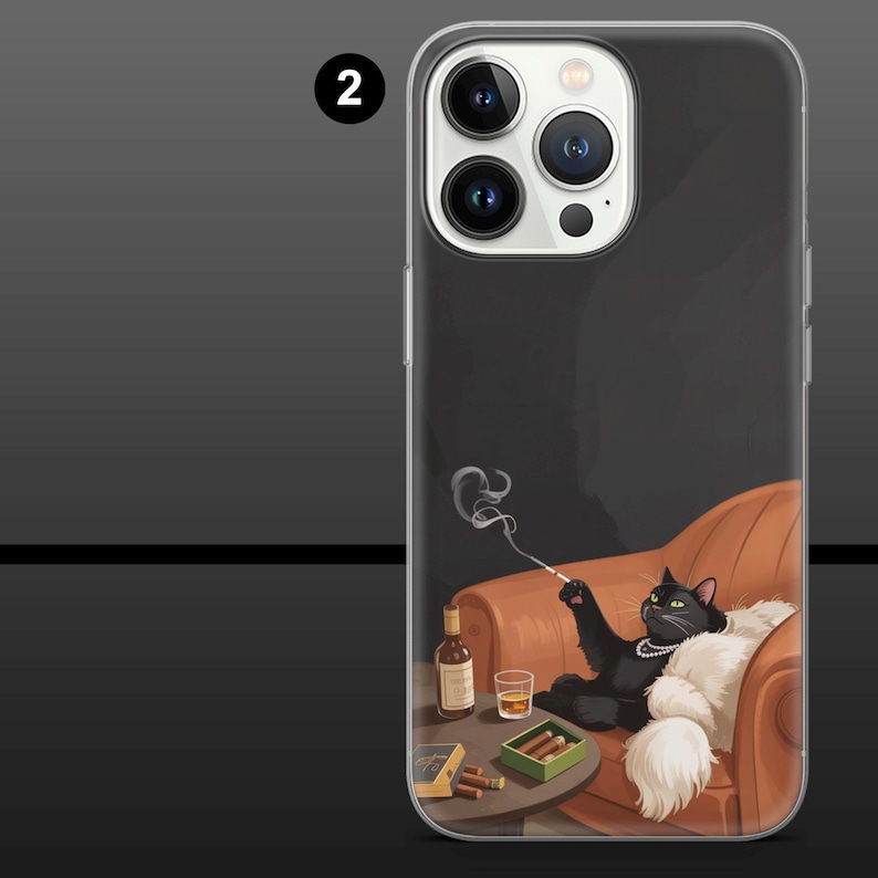 May include: A phone case featuring a black cat lounging on a brown armchair, smoking a cigarette. The cat wears a pearl necklace and rests on a white fur throw. A table holds cigars, a bottle, and a glass of whiskey.