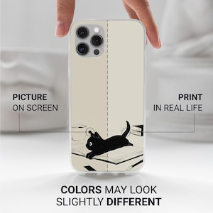 May include: A phone case with a black cat illustration on a book, with a coffee cup and glasses. The case has the text "Picture on Screen" and "Print in Real Life". The text "Colors may look slightly different" is also present.