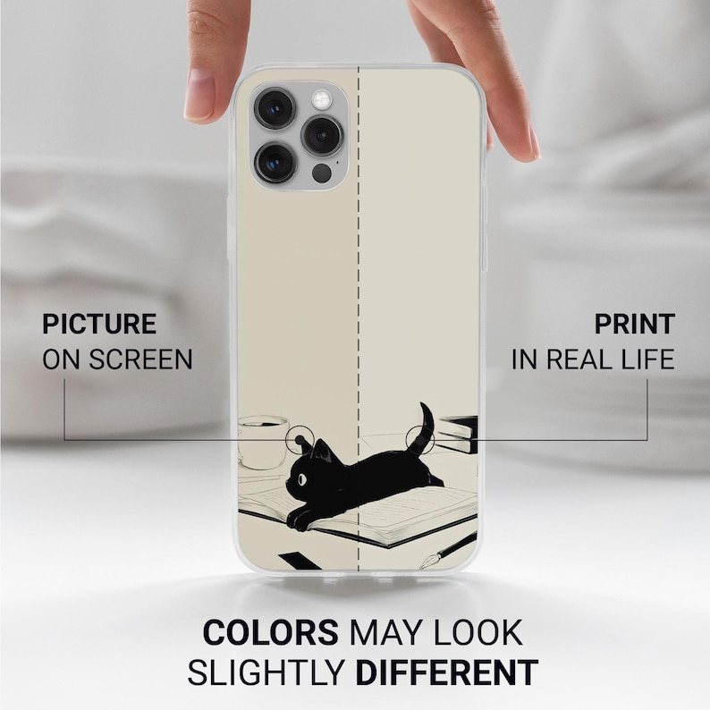 May include: A phone case with a black cat illustration on a book, with a coffee cup and glasses. The case has the text "Picture on Screen" and "Print in Real Life". The text "Colors may look slightly different" is also present.