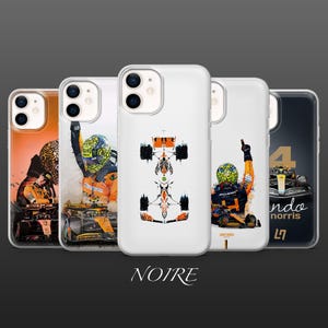 May include: Five phone cases with Formula 1 racing designs. The cases show race cars and drivers, with different colours and styles. The word "NOIRE" is printed at the bottom of the image.