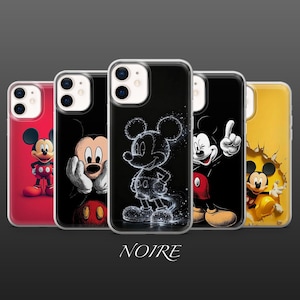 May include: A collection of five phone cases featuring Mickey Mouse designs. The cases showcase Mickey in various poses and styles, with colors including red, black, and yellow. The word "NOIRE" is printed at the bottom.