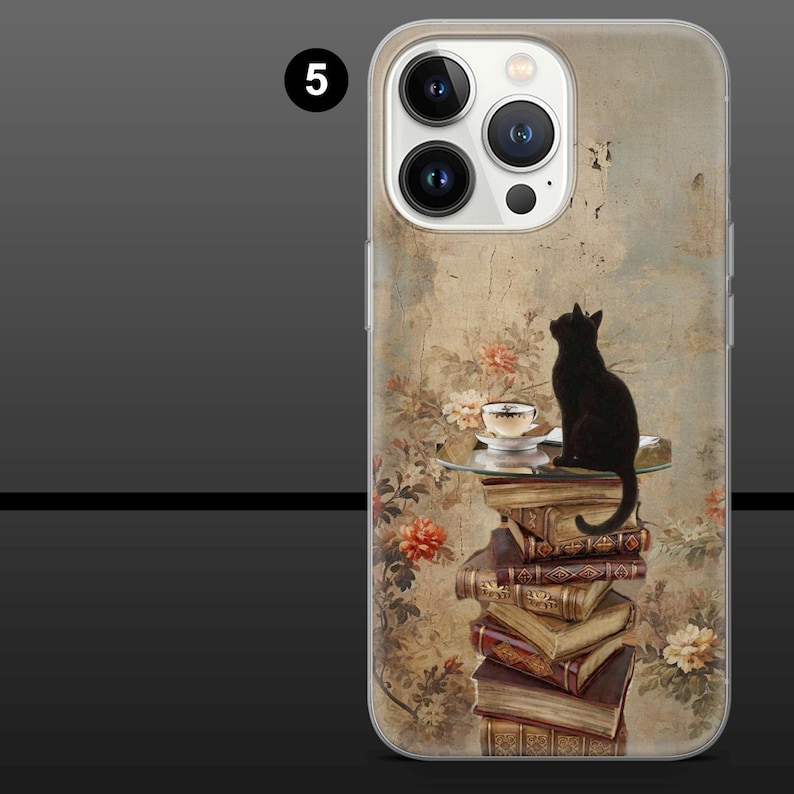 May include: Clear phone case featuring a black cat silhouette sitting atop a stack of antique books. A teacup and saucer sit on a small glass table. The background has a floral and vintage design.