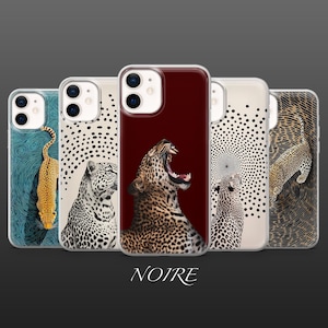 May include: A collection of phone cases featuring leopard print designs. The cases showcase various leopard illustrations, including a roaring leopard, and abstract patterns. The word "NOIRE" is printed at the bottom of the image.