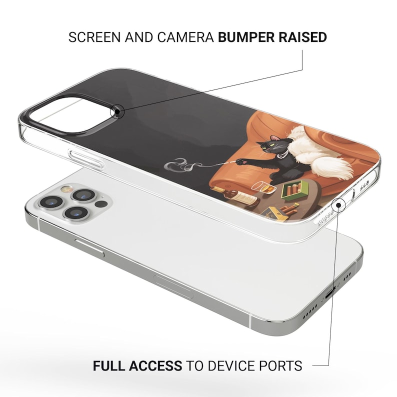 May include: Clear phone case with a black and white illustration of a cat smoking a cigarette while sitting on a chair. The case has the text "SCREEN AND CAMERA BUMPER RAISED" and "FULL ACCESS TO DEVICE PORTS".