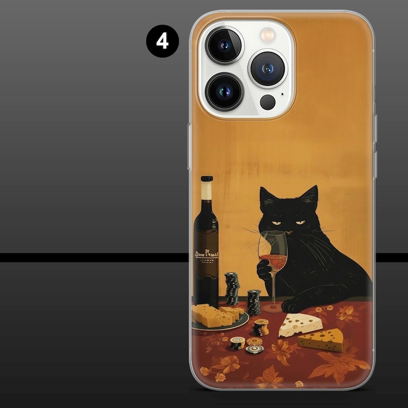 May include: A phone case featuring a black cat holding a glass of red wine. The cat is sitting at a table with a bottle of wine, cheese, and poker chips. The background is a warm, golden color.