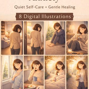 May include: Digital illustration set titled "High-Functioning Anxiety" with the subtitle "Quiet Self-Care + Gentle Healing." The image features eight illustrations of a person in various self-care scenarios. Includes text: "8 Digital Illustrations," "Mental health projects," and "Digital Download."