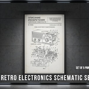May include: A framed print featuring a vintage radio schematic with Russian text. The black and white diagram details the internal components of the radio. The text "RETRO ELECTRONICS SCHEMATIC SET" is at the bottom. The print is part of a set of 5.