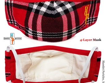 Flannel Plaid Unisex Face Masks w/ Filter Pocket | Cotton Face Masks | Flannel Plaid Mask | 4-layer Mask | Black Red Face Masks | FM41220