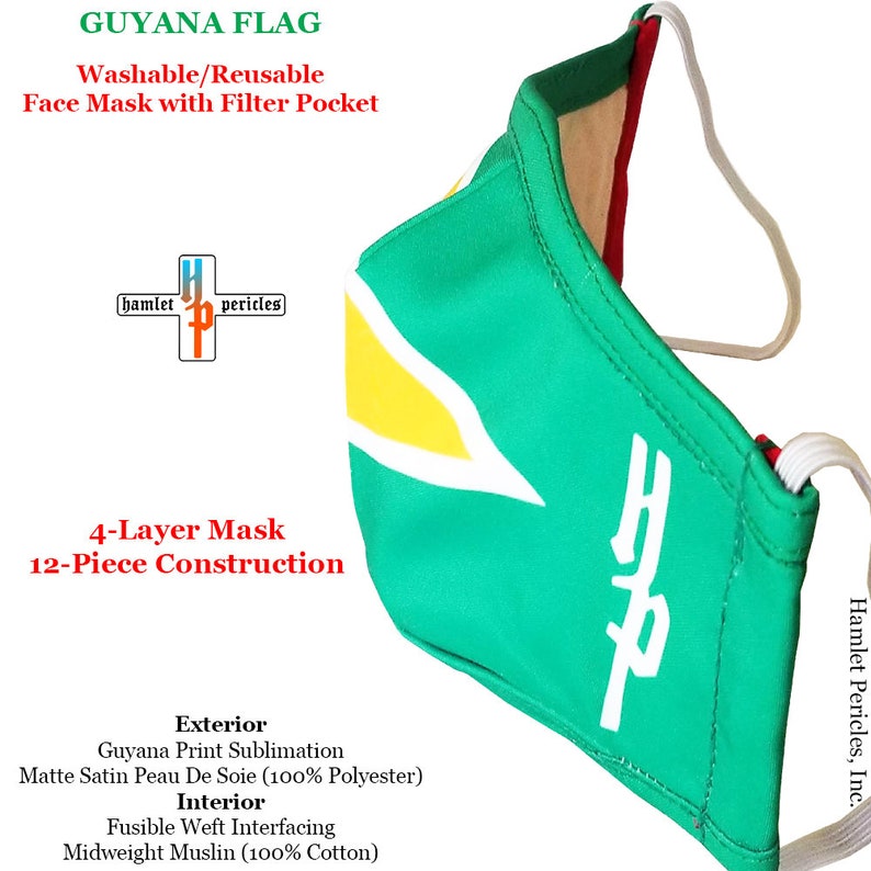 Guyana Flag Face Mask w/ Filter Pocket Guyanese Mask Reusable Cotton Interior Mask 4-layer Mask Green Red Gold Mask FM52620GUY image 4