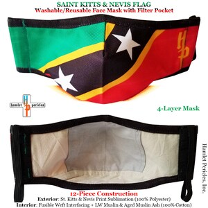 Saint Kitts and Nevis Flag Face Mask w/ Filter Pocket | Reusable Cotton Mask | 4-layer Mask | Red Green Black Mask | Caribbean | FM52620SKN