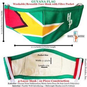 Guyana Flag Face Mask w/ Filter Pocket Guyanese Mask Reusable Cotton Interior Mask 4-layer Mask Green Red Gold Mask FM52620GUY image 2