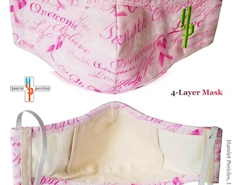 Breast Cancer Awareness Text Face Masks w/ Interior Pocket for Filter | Cotton Face Masks | 4-layer Mask | Pink Face Masks | FM4220