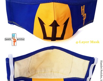 Barbados Flag Face Mask w/ Filter Pocket | Barbadian Reusable Cotton Interior Mask | Bajan 4-layer Mask | Blue Gold Mask | FM52720BAR