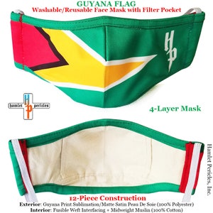 Guyana Flag Face Mask w/ Filter Pocket Guyanese Mask Reusable Cotton Interior Mask 4-layer Mask Green Red Gold Mask FM52620GUY image 1