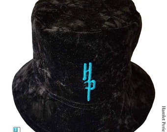 Black Crushed Velvet Bucket Hat: Unisex Glossy Plush Hat (Large)