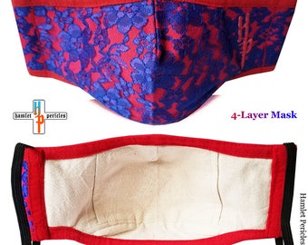 Blue Floral Lace Face Mask | Red Moiré, 4-Layer, Washable