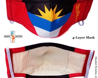 Antigua & Barbuda Flag Face Mask w/ Interior Filter Pocket | Reusable Cotton Interior Face Masks | 4-layer Mask | Red Black Mask |FM52520AB