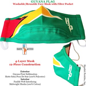 Guyana Flag Face Mask w/ Filter Pocket Guyanese Mask Reusable Cotton Interior Mask 4-layer Mask Green Red Gold Mask FM52620GUY image 3