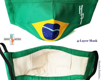 Brazil Flag Face Mask w/Interior Filter Pocket | Brazilian Mask | Washable Reusable Cotton Interior Mask | 4-layer Mask | FM7720BRA