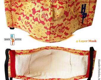 Yellow Floral Lace Face Mask | Red Moiré, 4-Layer Cotton Interior