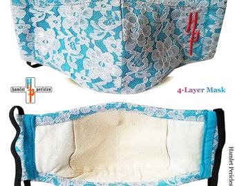 Pink Floral Lace Face Mask | Turquoise Moiré, 4-Layer