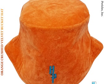 Orange Crushed Velvet Unisex Bucket Hat | Plush Hat | Orange Velvet Hat | Glossy Sun Hat | Orange Hat by Hamlet Pericles | HP73018