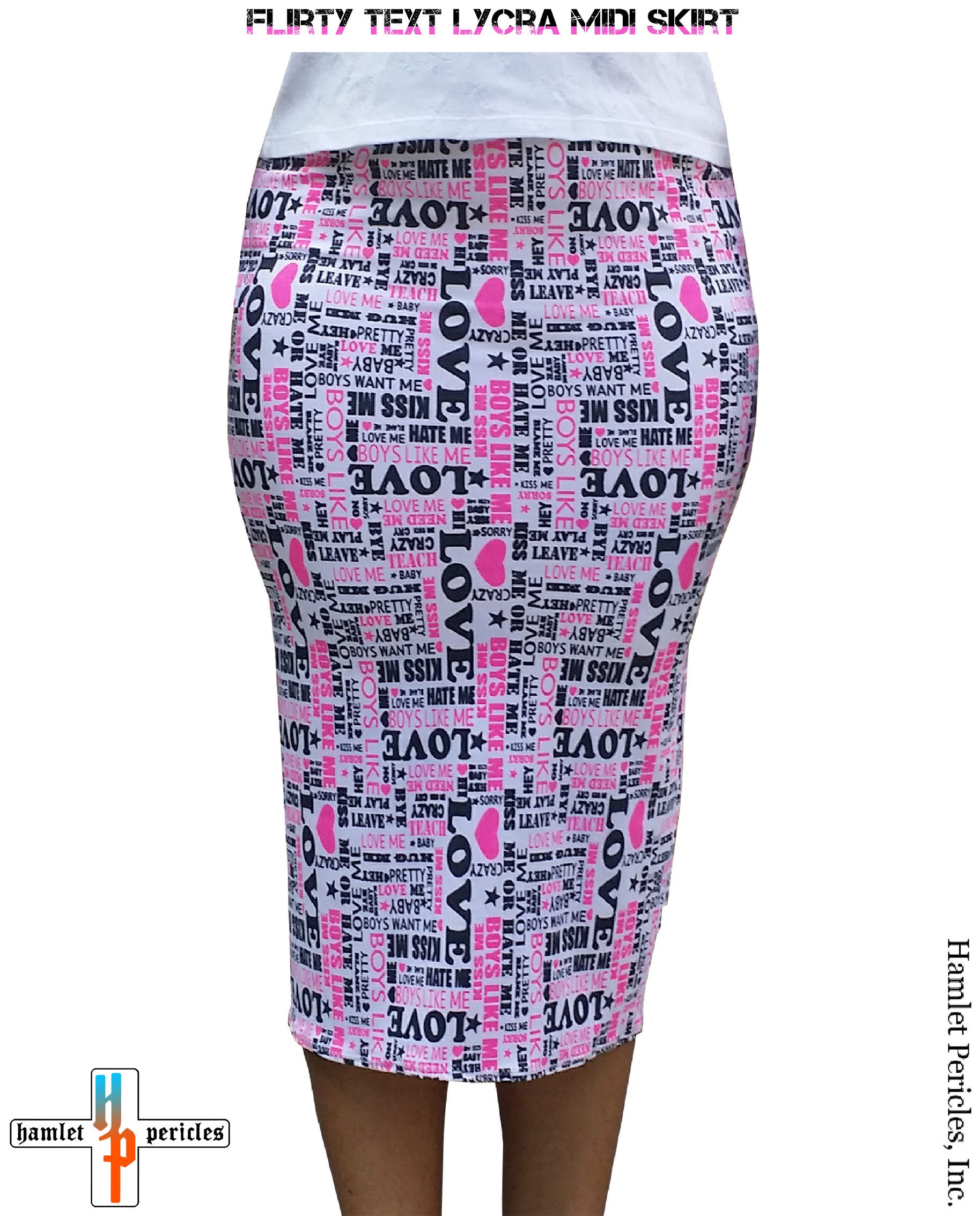 Flirty Text Lycra Midi Skirt Words & Text on Clothes 4way Stretch