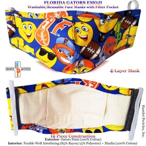 Florida Gators Emoji Face Masks w/ Filter Pocket | University of Florida Mask | Gators Mask | UF Cotton Face Masks | 4-layer Mask | FM9220FG