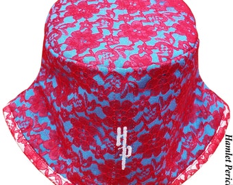 Red Floral Lace Turquoise Women's Bucket Hat | Red and Turquoise Hat | Turquoise Moire Hat | Floral Hat by Hamlet Pericles | HP112415