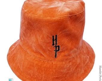 Orange Crushed Velvet Bucket Hat | Orange Plush Velvet Designer Hat | Unisex Bucket Hat | Sun Hat | Glossy Bucket Hat by Hamlet Pericles